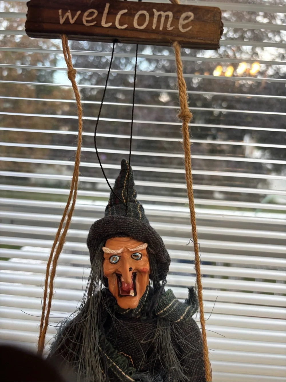 Vintage Halloween Hanging Witch on Broom Kicking